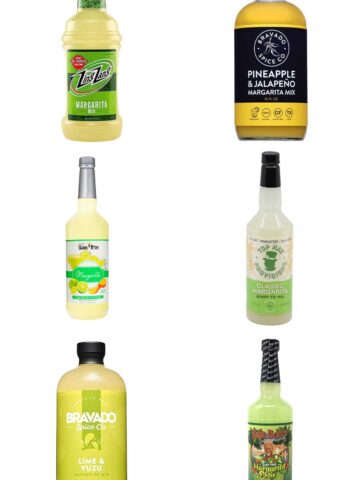 different bottles and cans of margarita mixes