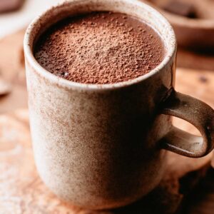 large brown mug of hot cocoa and tequila topped with cocoa powder