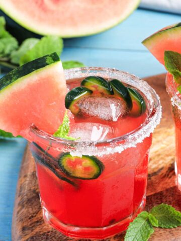 A small glass of a margarita with a watermelon wedge and jalapeno slices and a salted rim