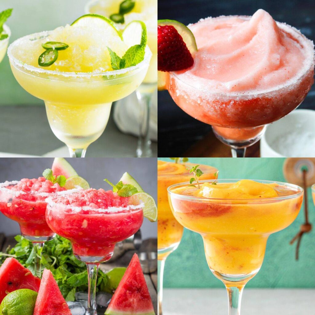 four frozen cocktails in an image collage