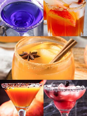 an image collage of five halloween tequila coctails