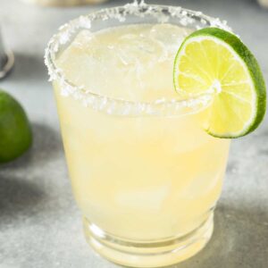 Skinny Margarita with Triple Sec, lime wedge, and salted rim.