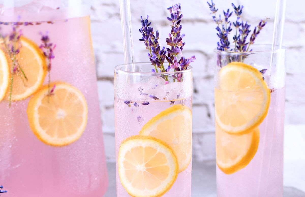lavender lemonade cocktail with tequila, lemon slices and edible flowers