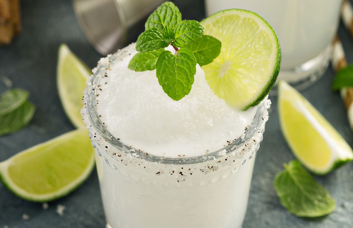 closeup of a frozen margarita in a salt rimmed glass