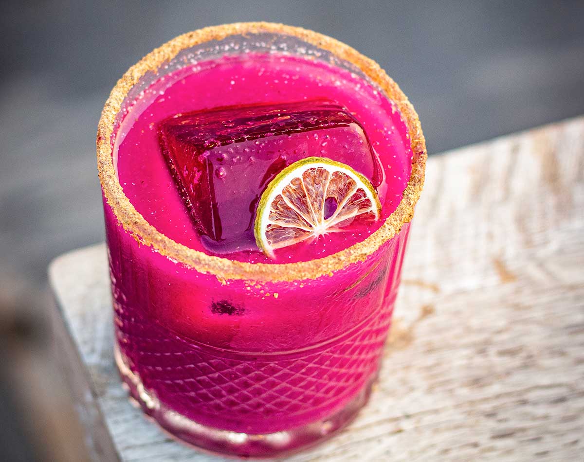 top view of a glass of prickly pear margarita